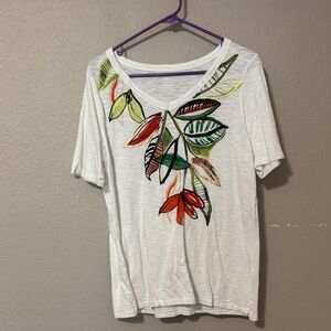 Chico's White Tee with Vibrant Leaf Design